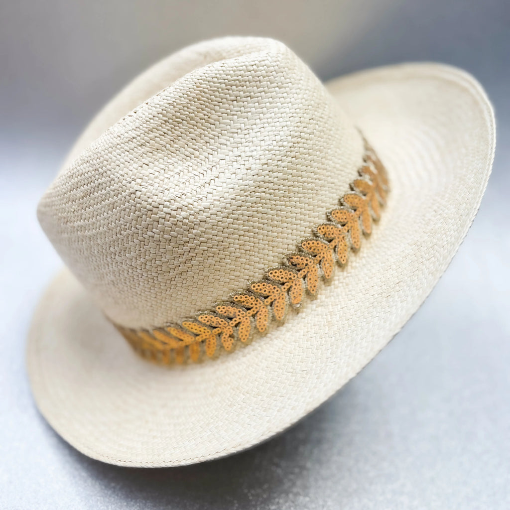 Natural Boho straw hat with a glitter gold band Spiritual Fashion by CocoMilkyWay