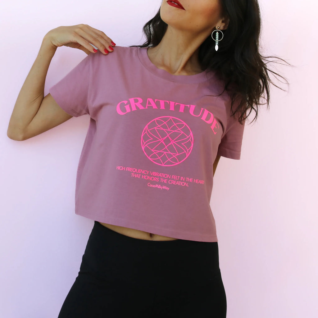 CocoMilkyWay Gratitude Yoga Crop Top blends comfort and purpose. A soft, essential for yoga, and conscious living.