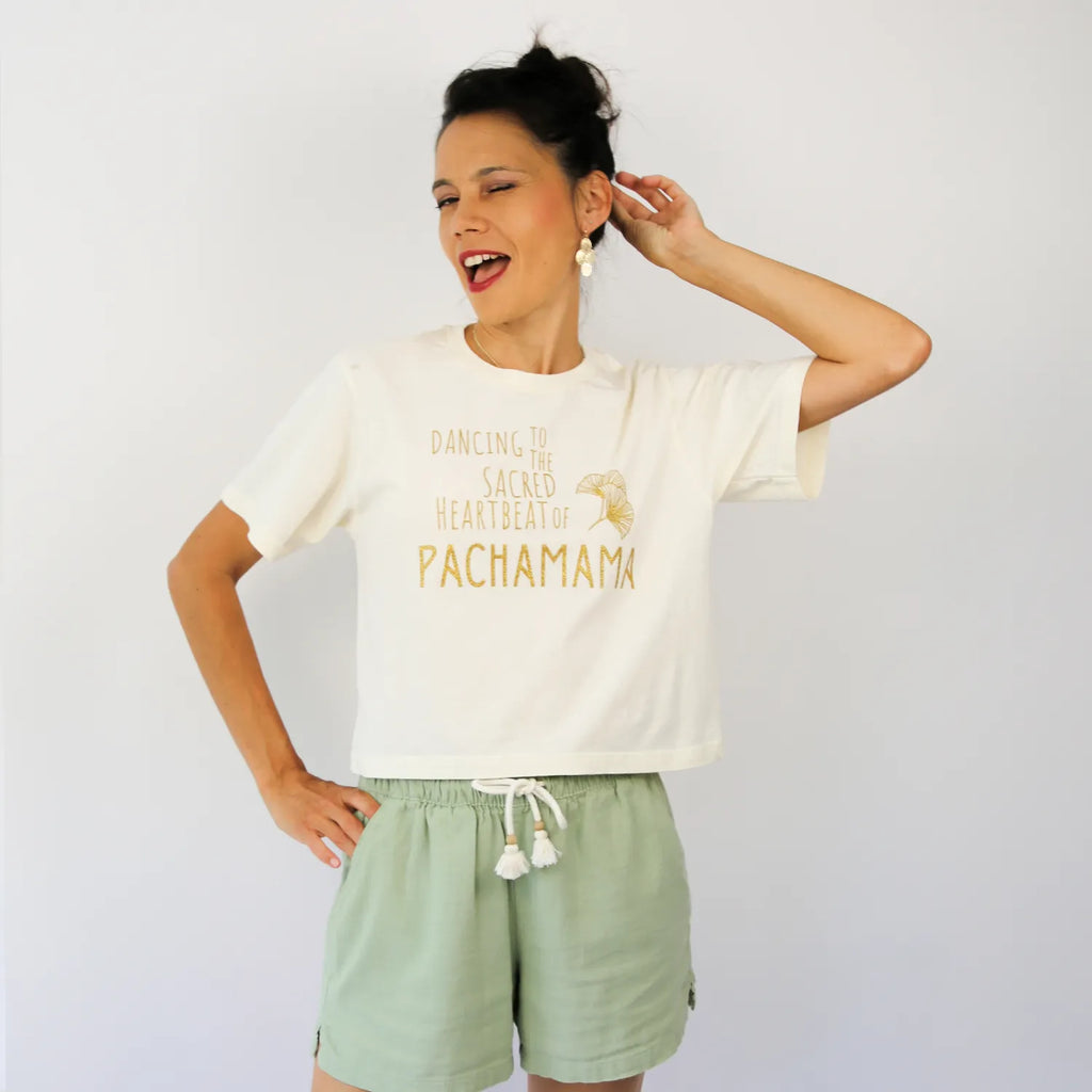 Graphic Glitter Gold Pachamama Yoga Crop Top Spiritual Coachella Fashion by CocoMilkyWay