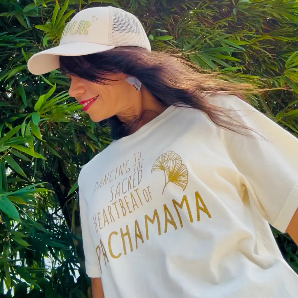 Woman wearing a Pachamama Crop Top by CocoMilkyWay