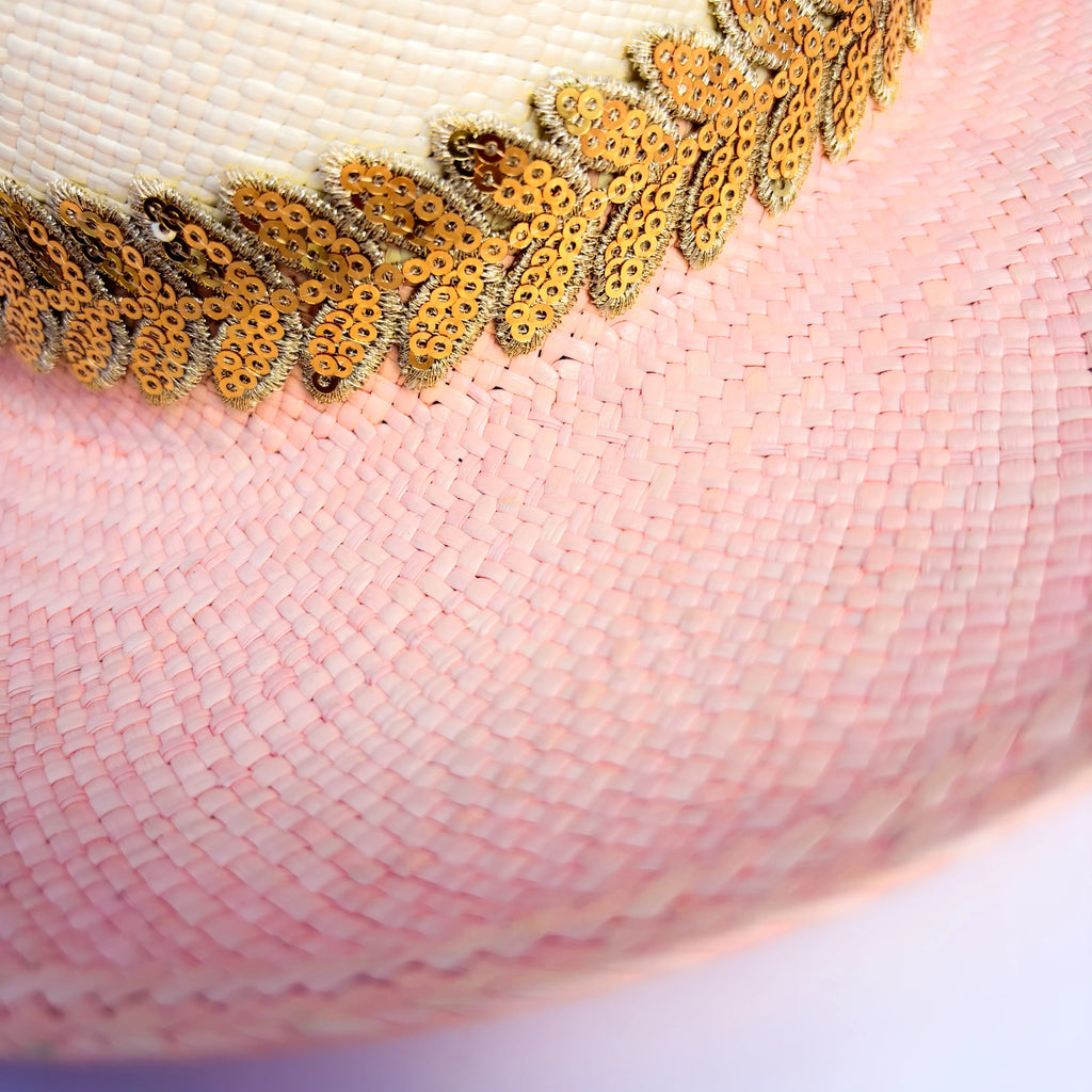 Close-up of a pink panama hat with gold sequin CocoMilkyWay Spiritual Fashion