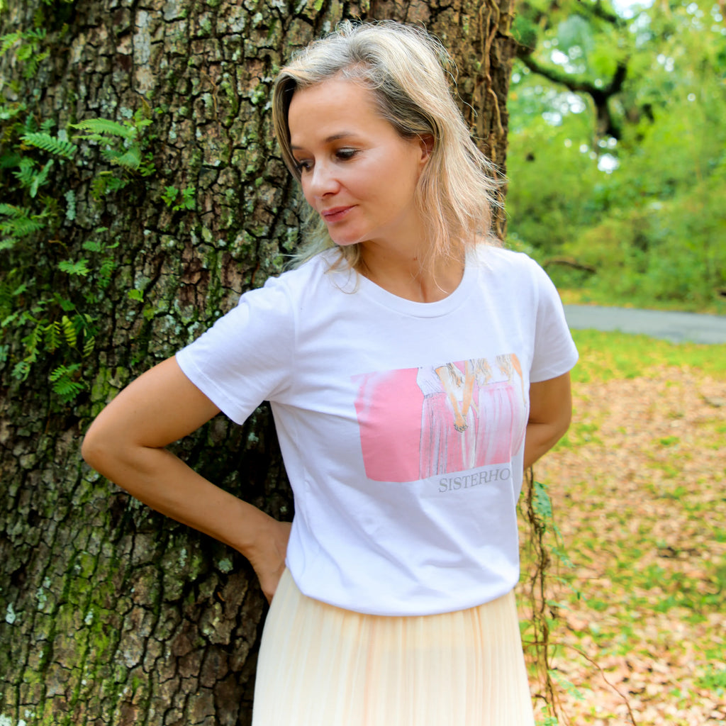 Woman in the wood wearing a Sisterhood Tee for Sacred Ceremony and Healing circles by CocoMilkyWay