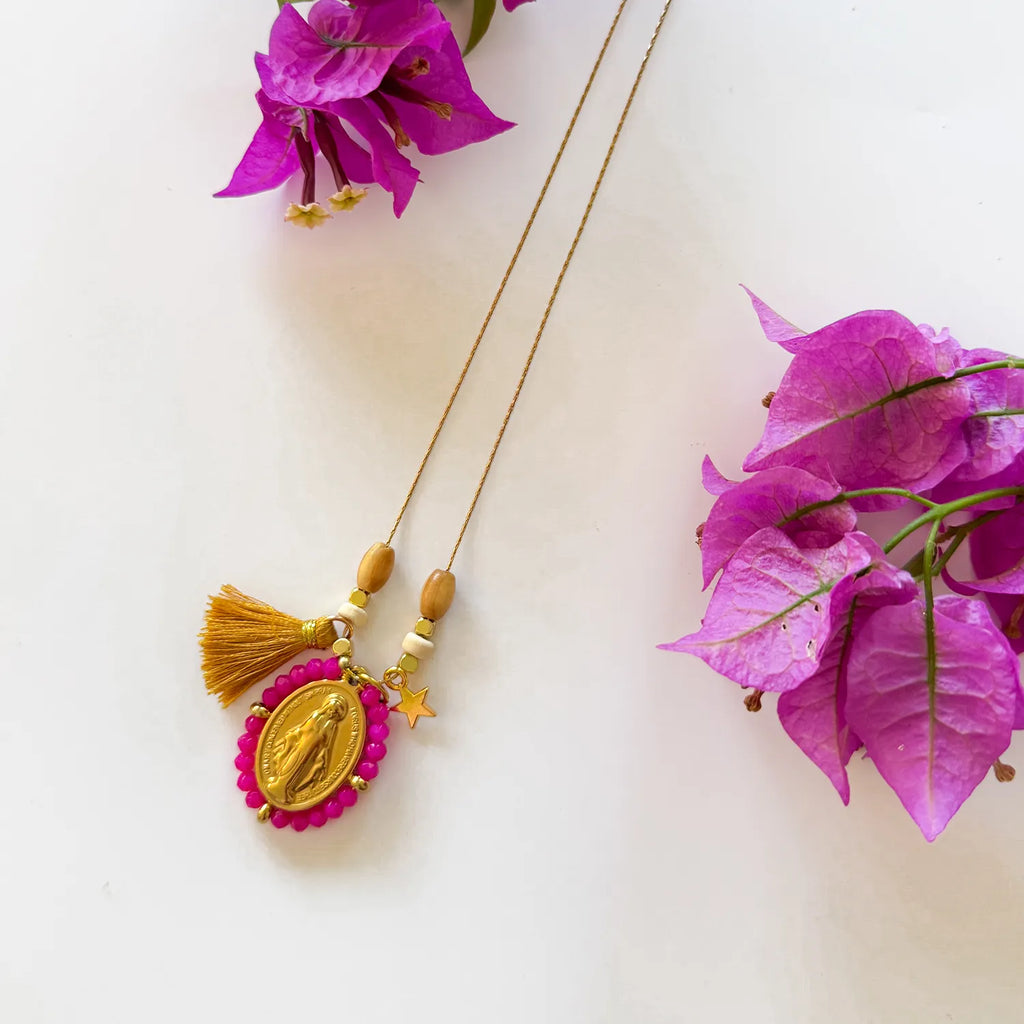 Boho-style Virgin Mary necklace by CocoMilkyWay, handcrafted piece bringing protection and Divine Feminine Love
