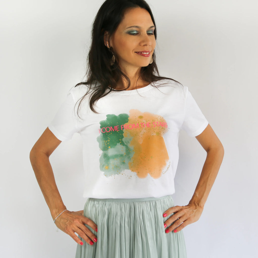 I Come From the Stars t-shirt with cosmic cloud of colors, glitter gold and neon pink accents, cosmos-inspired design on soft cotton by CocoMilkyWay