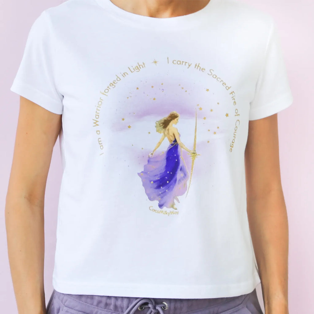 CocoMilkyWay Warrior of Light crop t-shirt, violet and gold glitter design representing strength, courage, and inner power.
