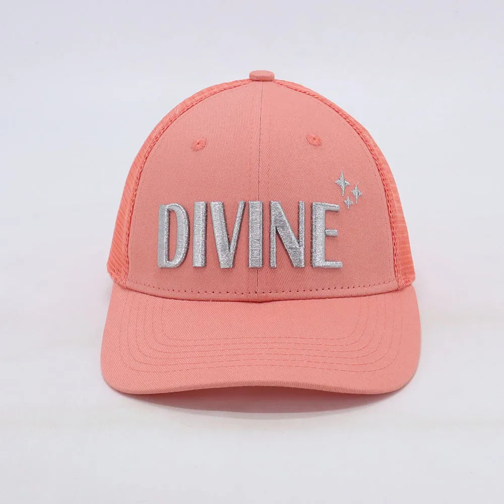 Divine trucker hat in pink and silver by CocoMilkyWay, radiant headwear designed to connect to the vibrations of the Universe