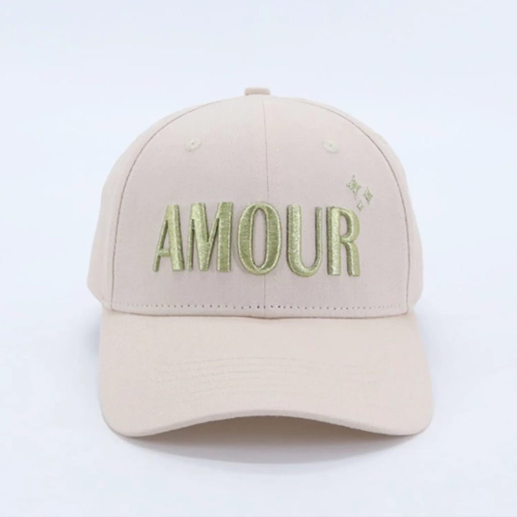 Embroidered Amour hat with glitter gold by CocoMilkyWay, a must-have accessory expressing love with a sparkling style.