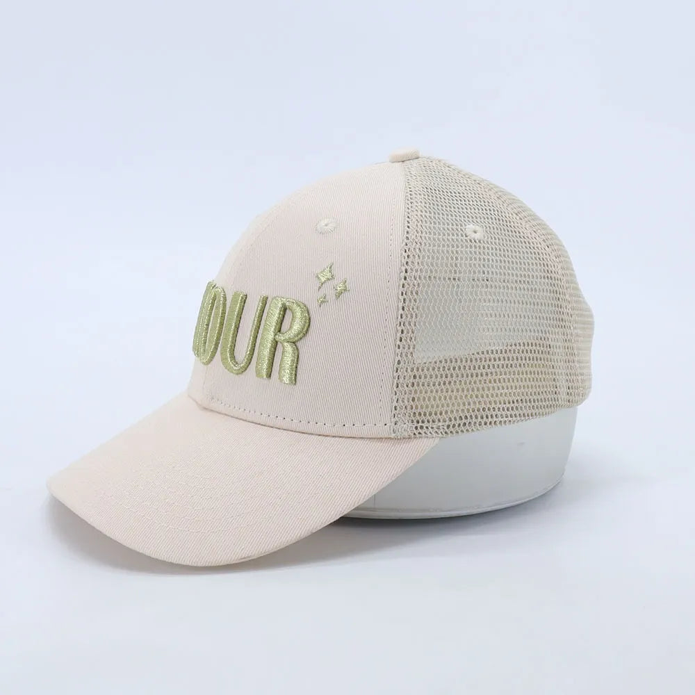 Share your Love with this embroidered beige trucker hat with glitter gold details by CocoMilkyWay