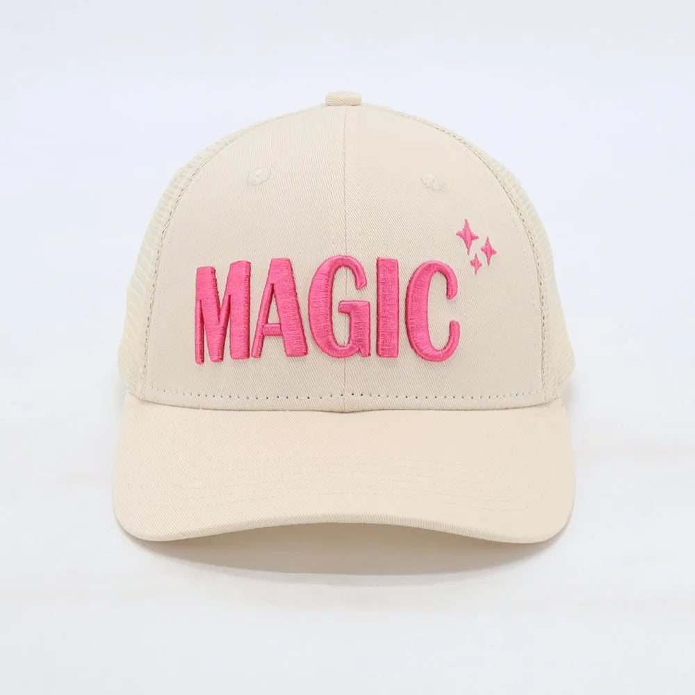 Embroidered Magic trucker hat in neon pink by CocoMilkyWay