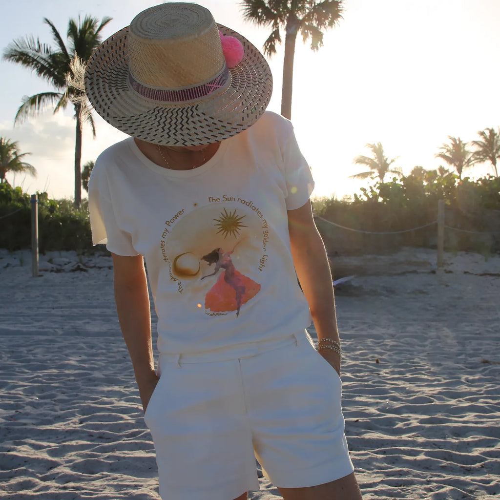 Fairy ivory t-shirt with glitter gold details by CocoMilkyWay, spiritual-inspired outfit with soft, radiant energy
