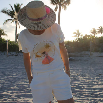 Fairy ivory t-shirt with glitter gold details by CocoMilkyWay, spiritual-inspired outfit with soft, radiant energy