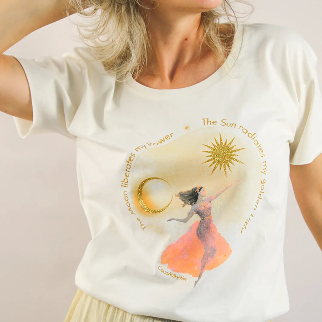 CocoMilkyWay ivory cotton t-shirt with glitter gold, soft and Divine feminine fairy-inspired style
