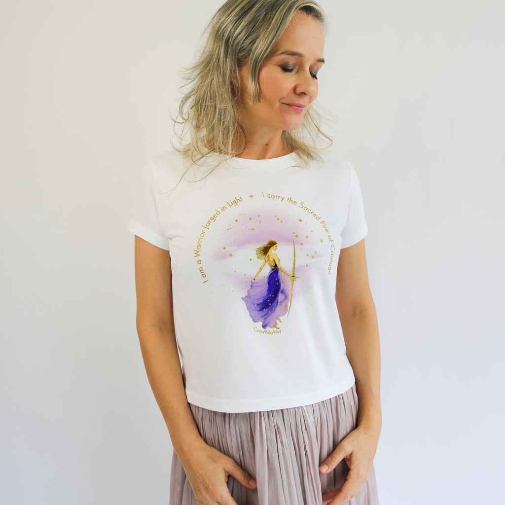 Light Warrior cotton t-shirt for women featuring empowering design, symbolizing strength and feminine courage