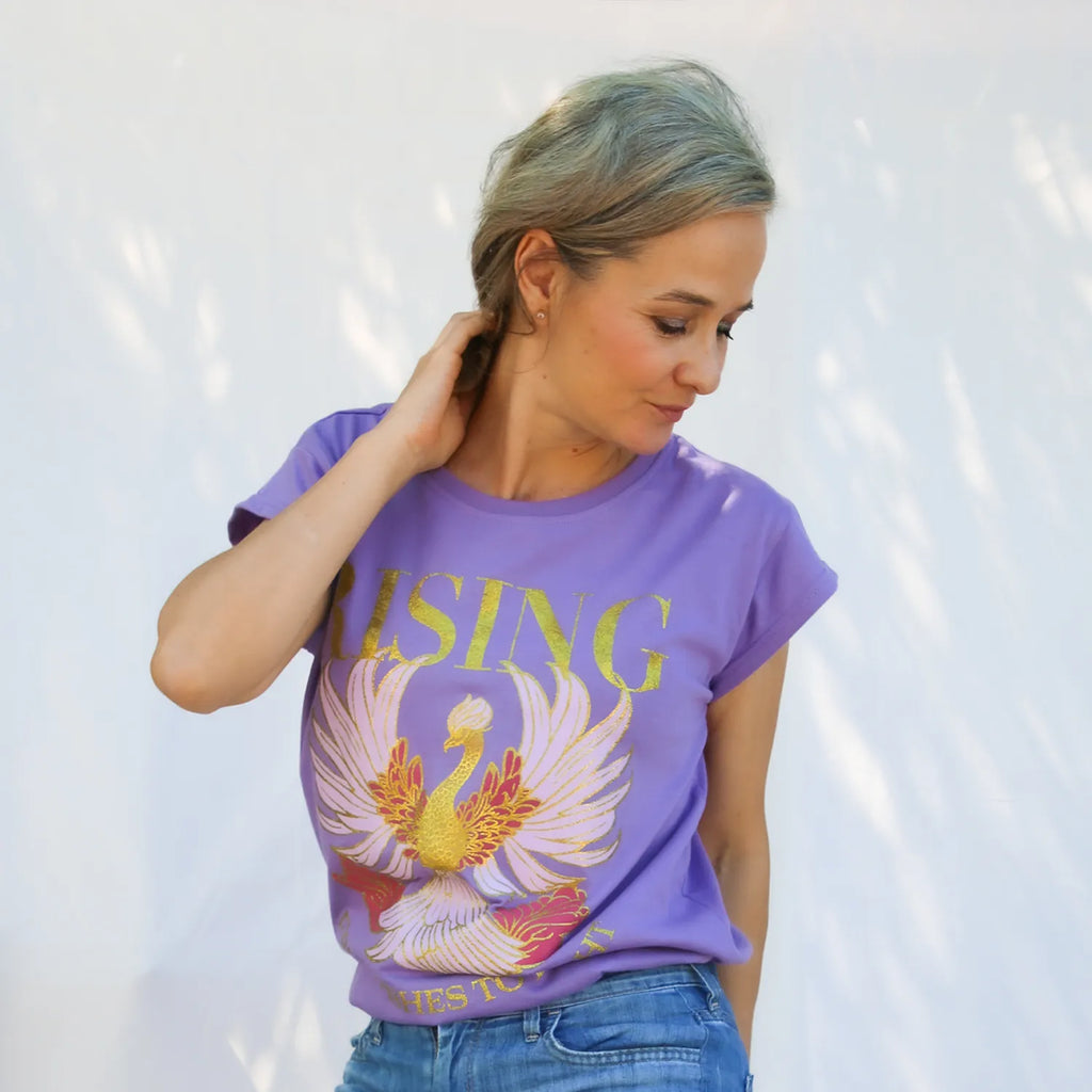 Phoenix top in violet with colorful glitter accents by CocoMilkyWay, vibrant spiritual design symbolizing transformation and inner fire
