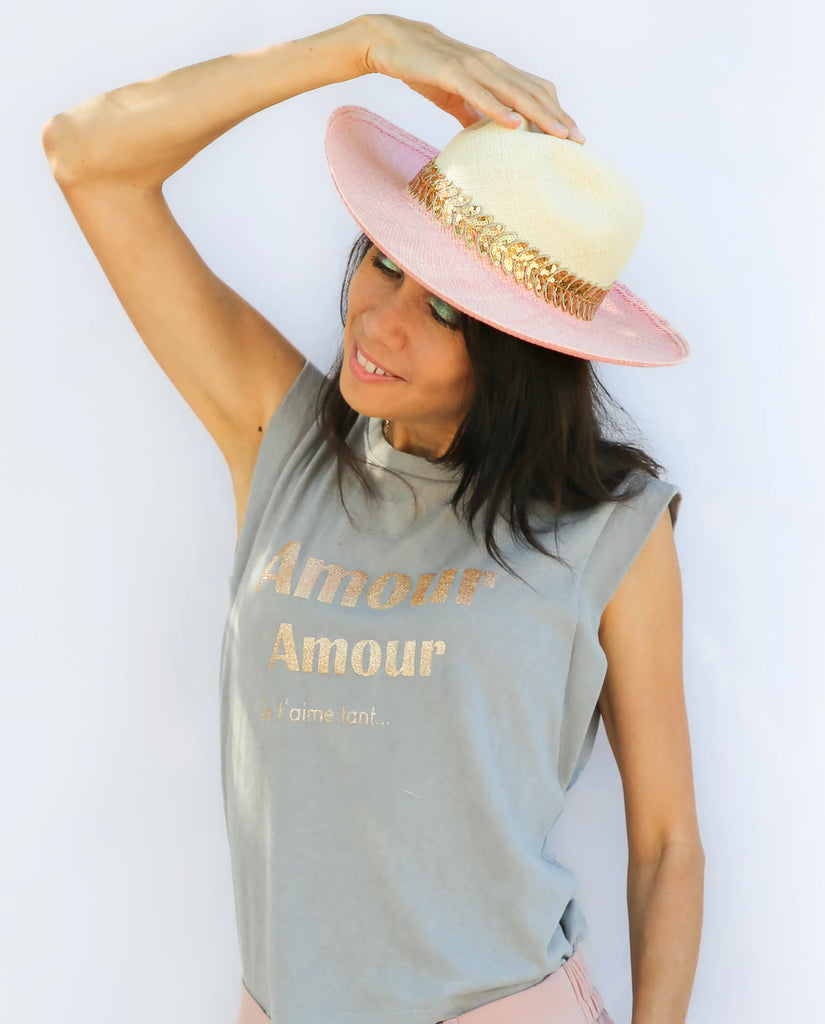 Pink Panama straw hat with golden glitter ribbon and Amour glitter top by CocomilkyWay
