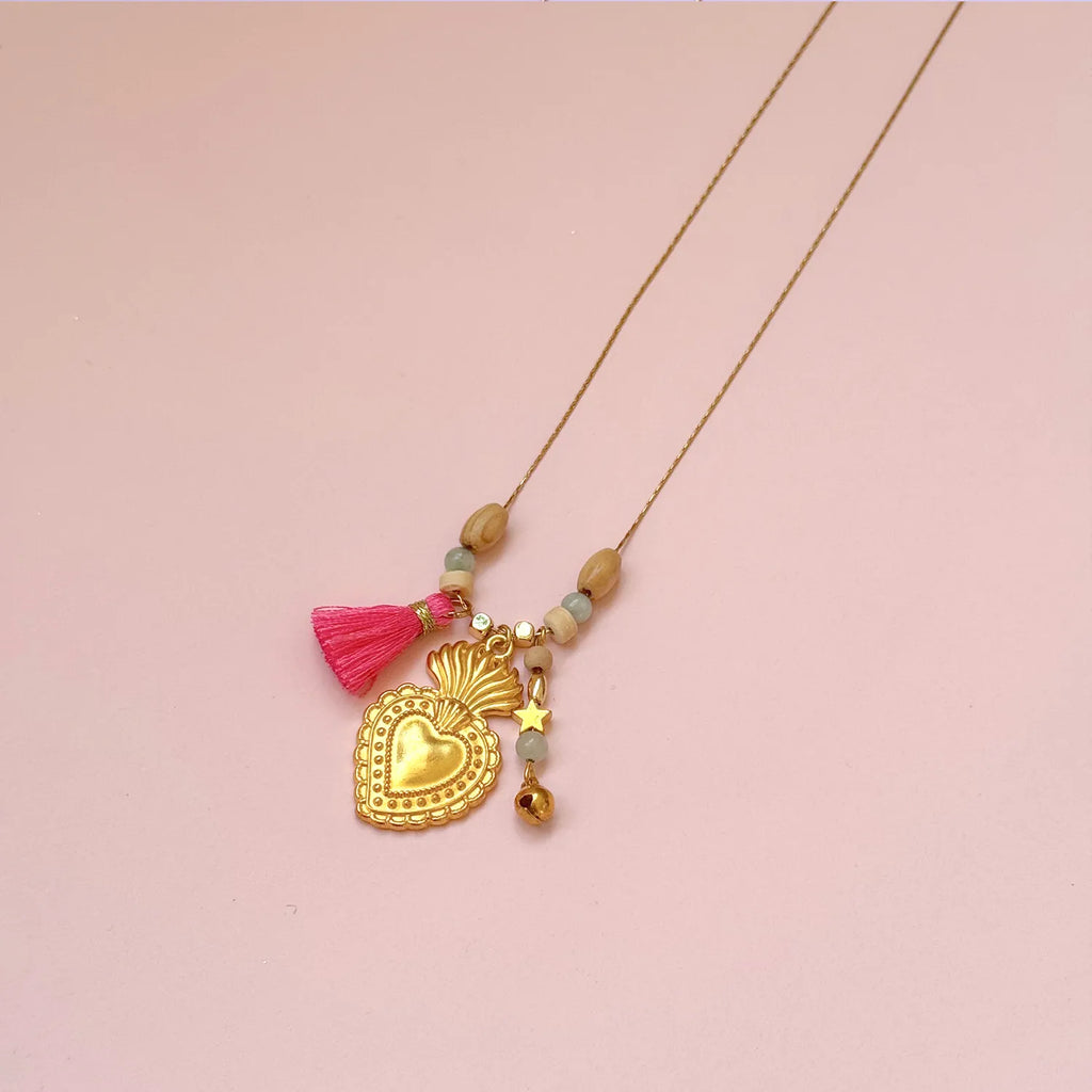 Sacred Heart necklace with pink tassel by CocoMilkyWay, delicate accessory to bring healing and protection