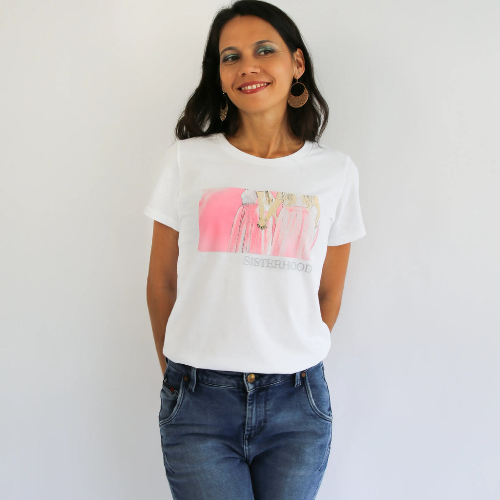 Soft cotton tee with Sisterhood design, honoring feminine connection and strength