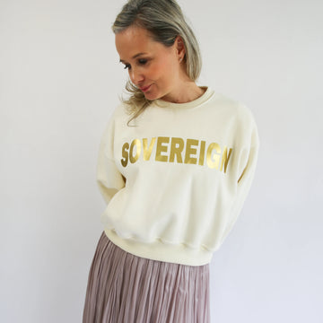 Sovereign ivory and gold sweatshirt in organic cotton by CocoMilkyWay, powerful and beautiful for an elevated everyday style
