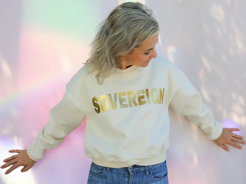 Sovereign sweatshirt in ivory and gold by CocoMilkyWay, a soft and empowering sweatshirt designed to elevate your journey