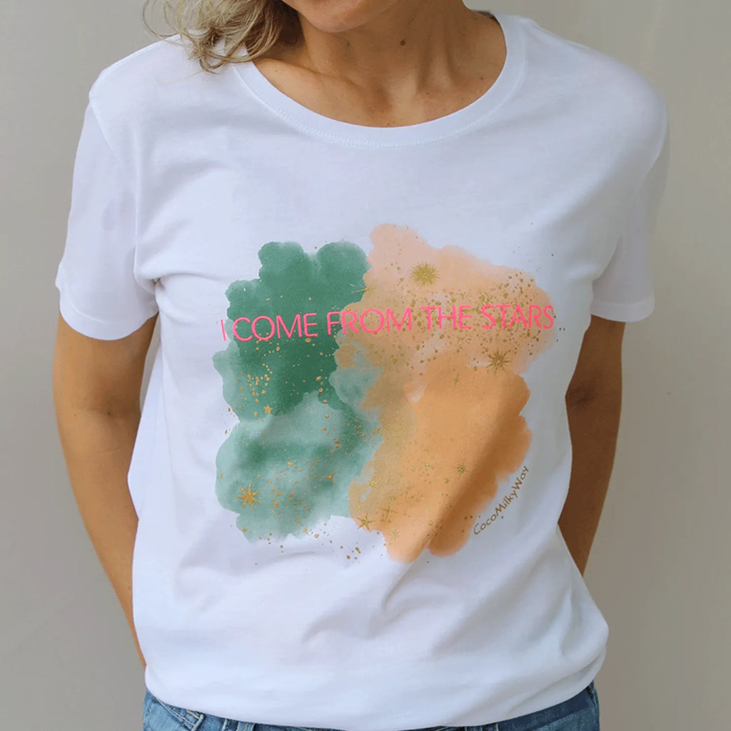 Starseed cotton t-shirt in neon pink with colorful glitter gold details by CocoMilkyWay, a vibrant and expressive piece for high-energy styling
