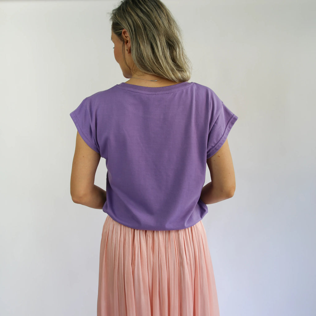 Back view of violet phoenix top with glitter gold details, spiritual fashion piece by CocoMilkyWay