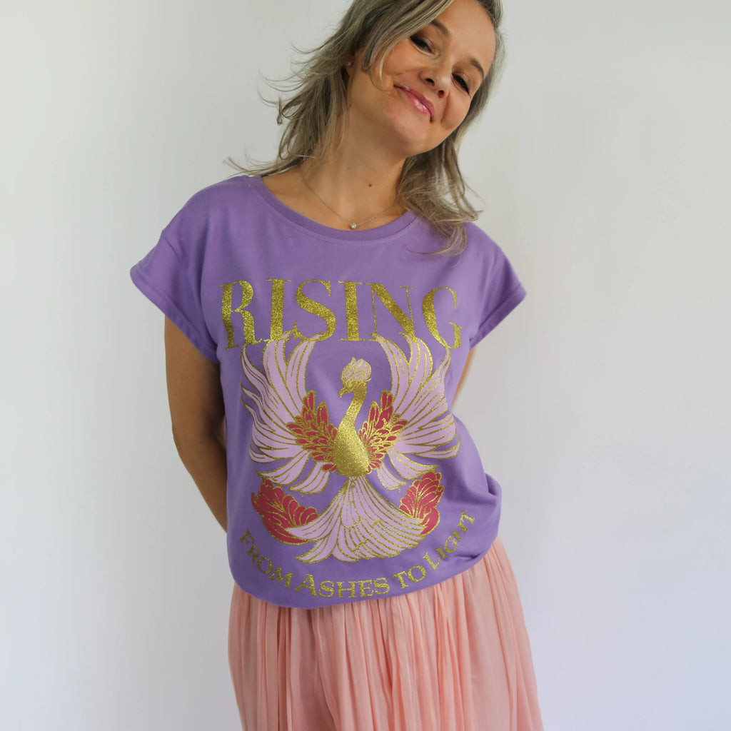 CocoMilkyWay violet phoenix top with glitter gold accents, mystical and empowering fashion piece