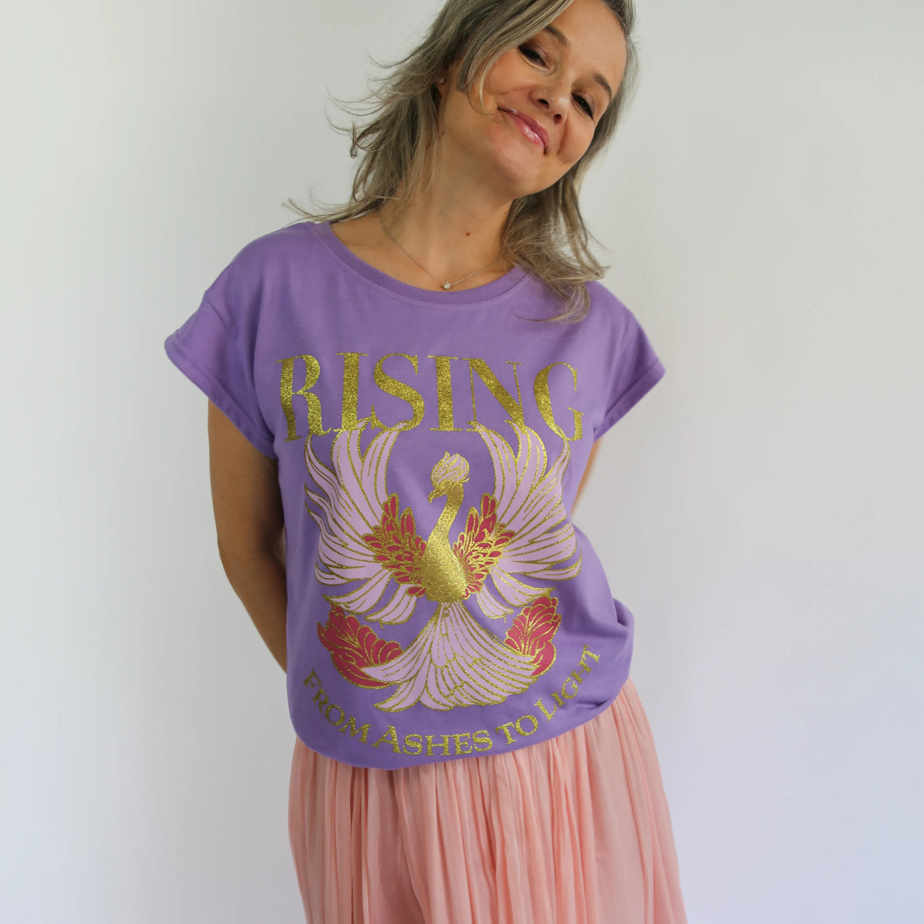 CocoMilkyWay violet phoenix top with glitter gold accents, mystical and empowering fashion piece