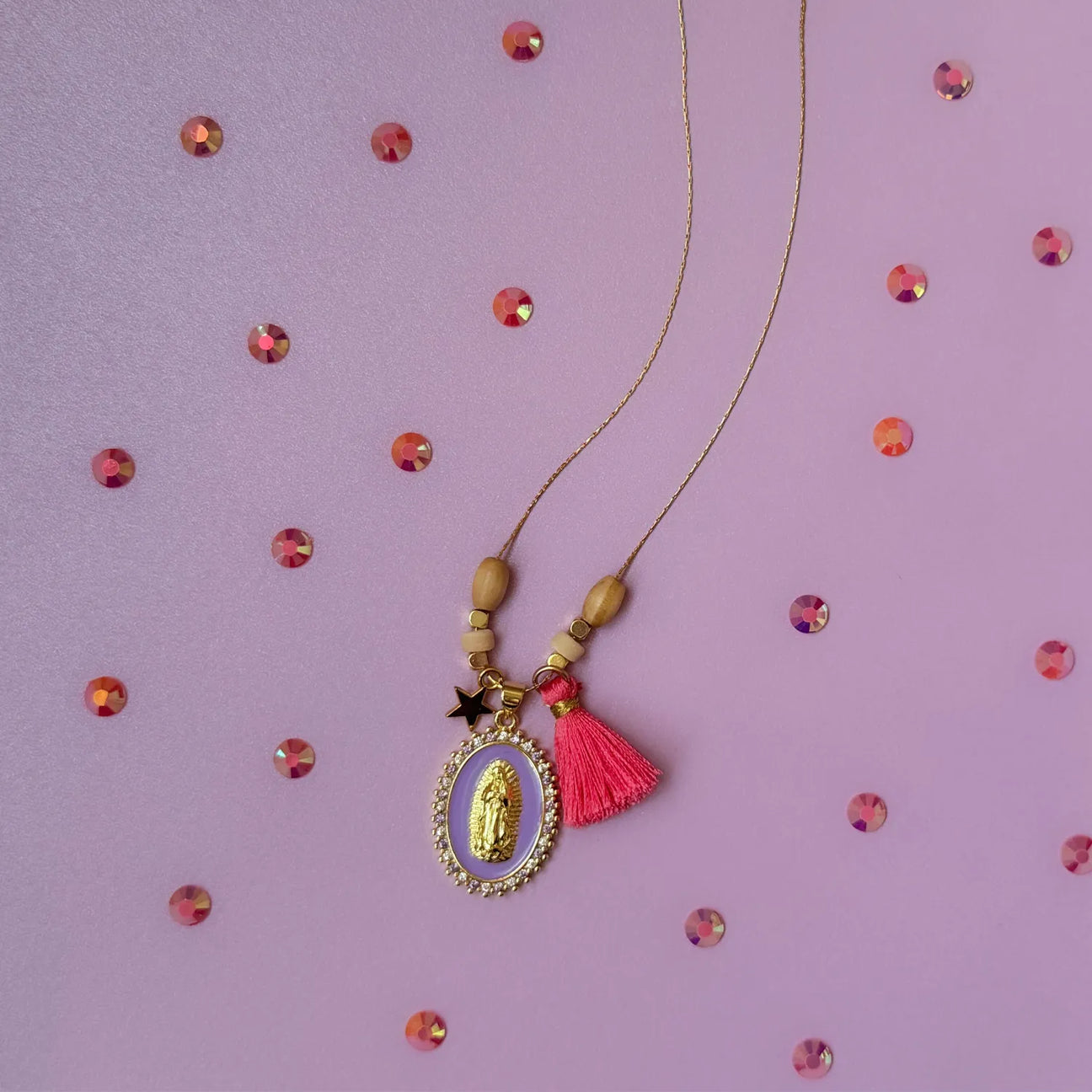 Boho-style Virgin Mary necklace in violet by CocoMilkyWay, delicate piece for sacred protection and Divine Feminine Love