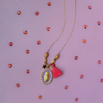 Boho-style Virgin Mary necklace in violet by CocoMilkyWay, delicate piece for sacred protection and Divine Feminine Love