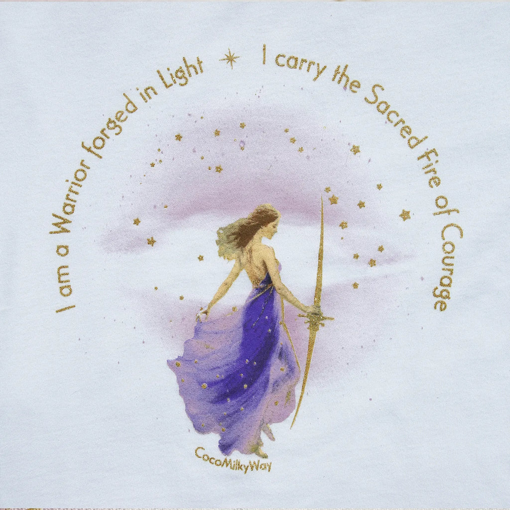 Warrior crop top in violet with glitter gold by CocoMilkyWay, a high-frequency piece embodying strength and courage