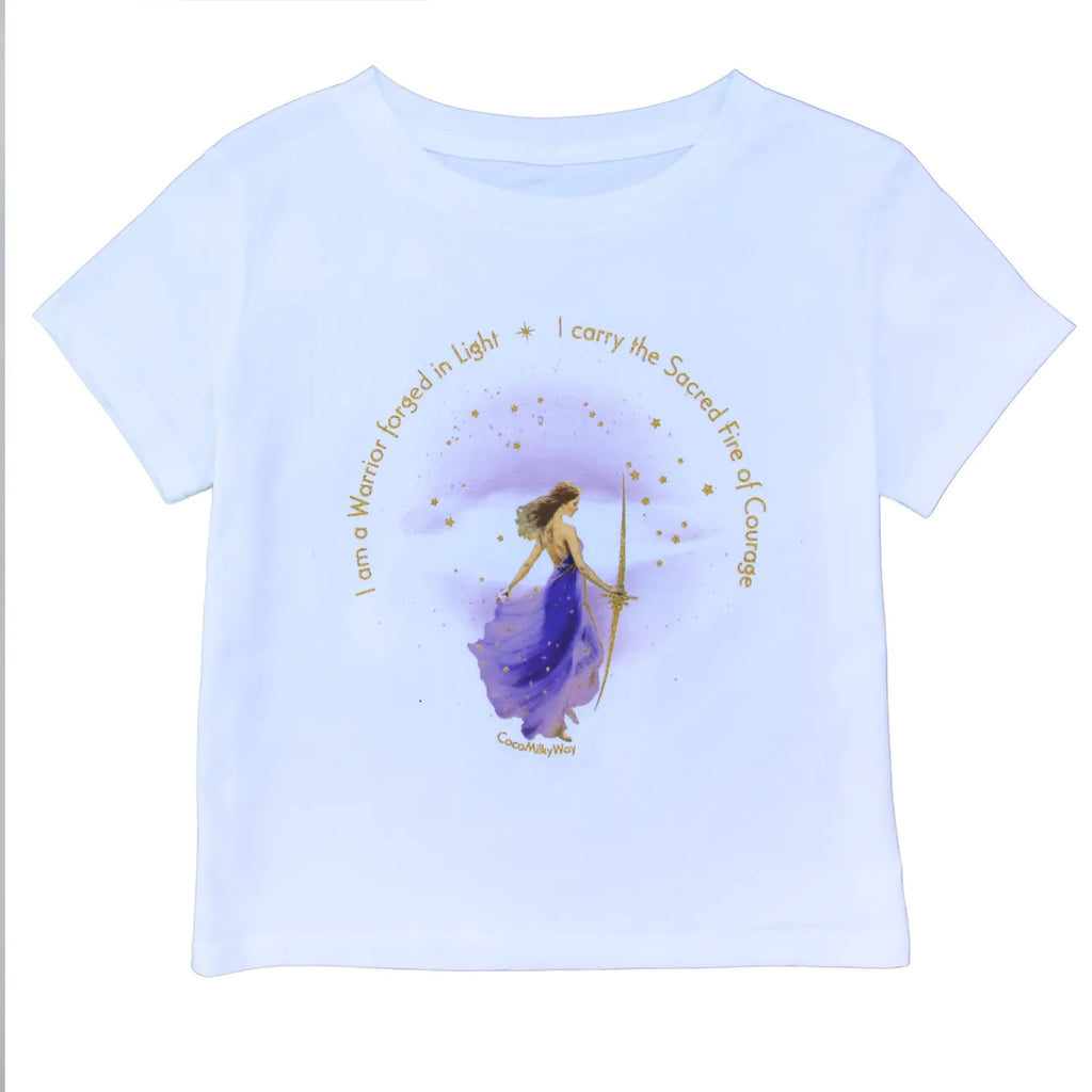 Warrior of the Light crop t-shirt by CocoMilkyWay, with a violet and glitter gold design, empowering piece honoring courage and inner strength.