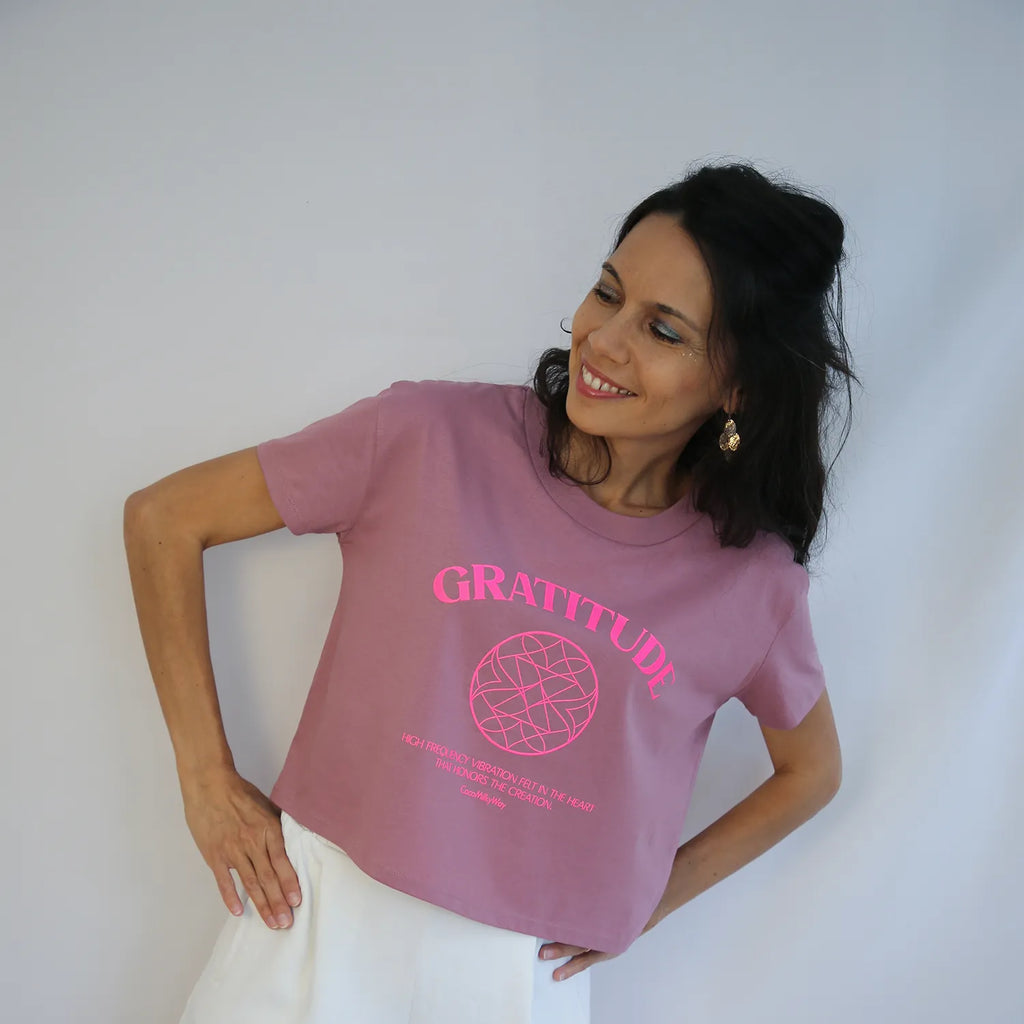 Neon pink and pink Gratitude yoga crop top by CocoMilkyWay, vibrant piece for mindful and grateful yoga moments