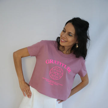 Neon pink and pink Gratitude yoga crop top by CocoMilkyWay, vibrant piece for mindful and grateful yoga moments
