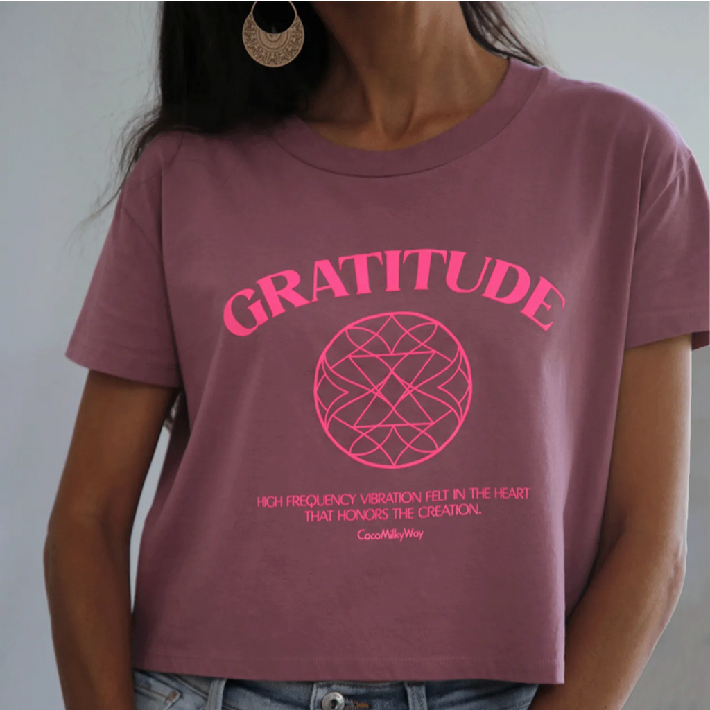 Gratitude yoga crop top in pink and neon pink by CocoMilkyWay, vibrant activewear piece for mindful movement and Divine connection